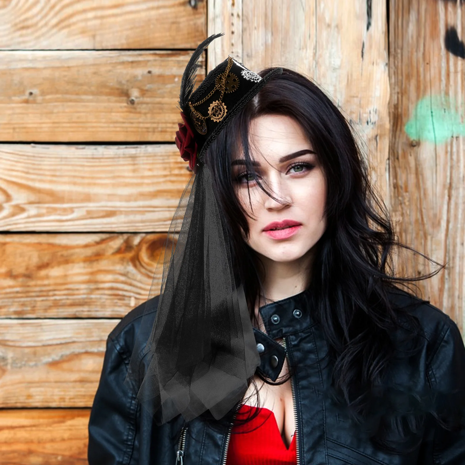 

Mini Top Hat Hair Accessory Steampunk Style Red Veil Clip-On Gothic Cosplay Headwear Vintage Tea Party Carnival