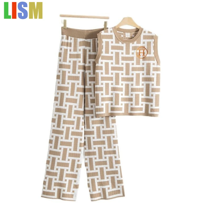 

LISM summer Women's two pieces set festivals outfit Vintage Knitted Set with Sleeveless Headless Top Wide Leg Pants High Waist