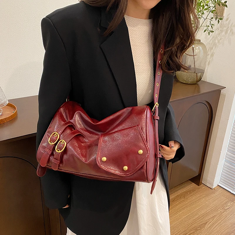 Large Capacity Black Shoulder Bags For Women Large Shopper Bag Solid Color Soft Leather Crossbody Handbag Lady Travel Tote Red image 2