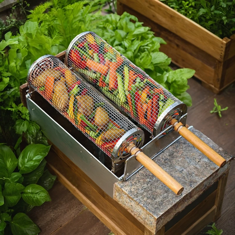 

New rolling barbecue cage outdoor barbecue basket stainless steel barbecue barrel barbecue net barbecue tool