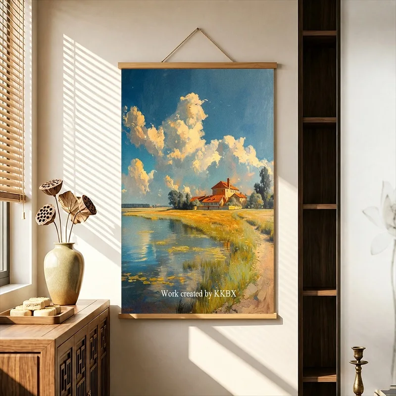 Wall Decorations Golden Countryside Rivers beneath Summer Clouds, Pearlescent Canvas Hanging Scroll for Vacation Villa Interior