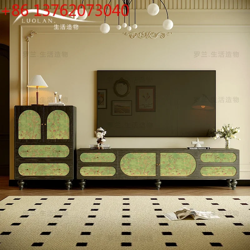 

Французский зеленый ретро шкаф для телевизора из цельного дерева, гостиная, ящик для хранения цветов и птиц, декоративный шкаф