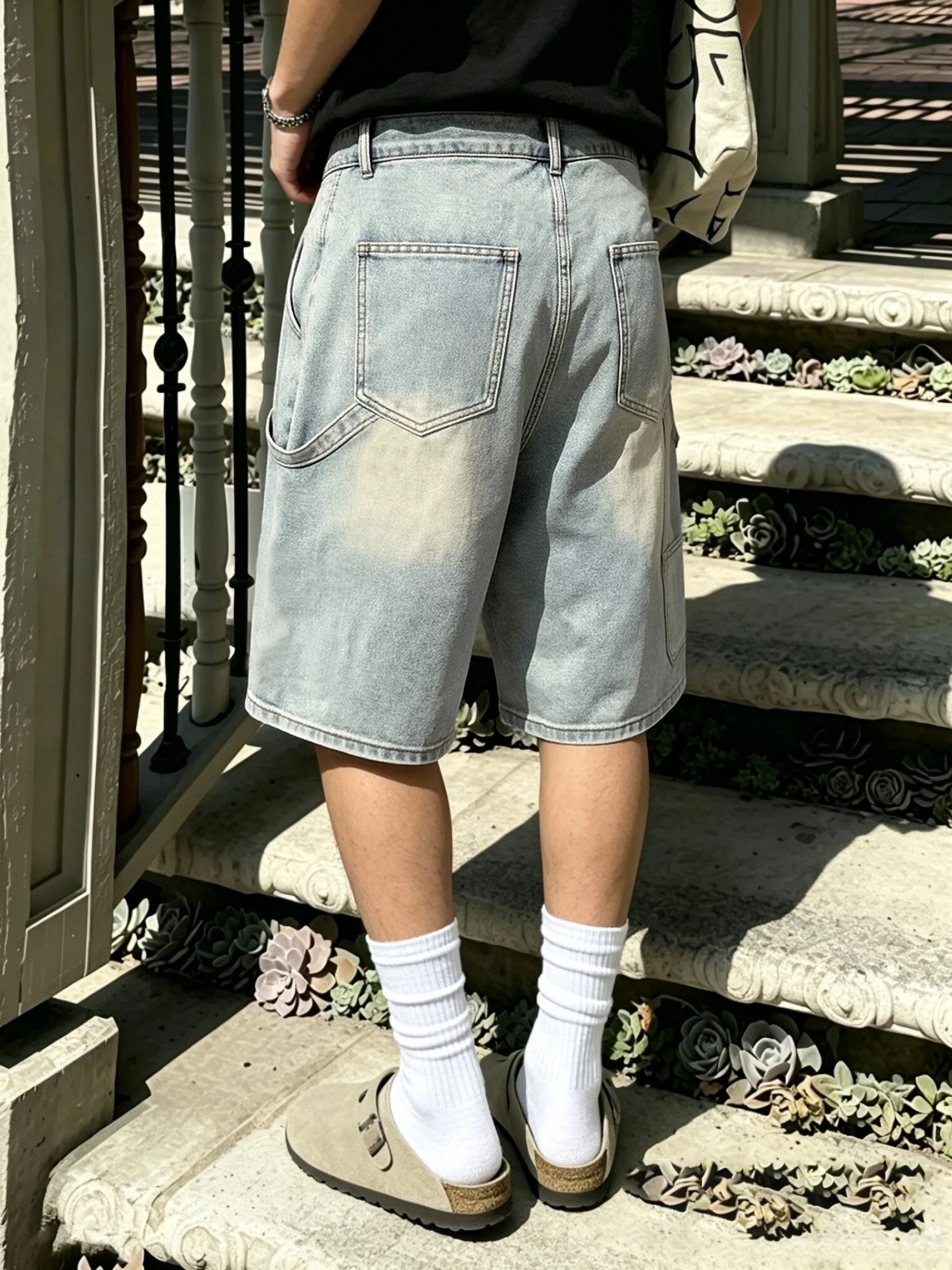 Men Vintage Light Blue Wash Cargo Denim Jort Loose Wide Leg Multi Pockets Knee Length Jeans Shorts Streetwear 73% Cotton XS-XXL