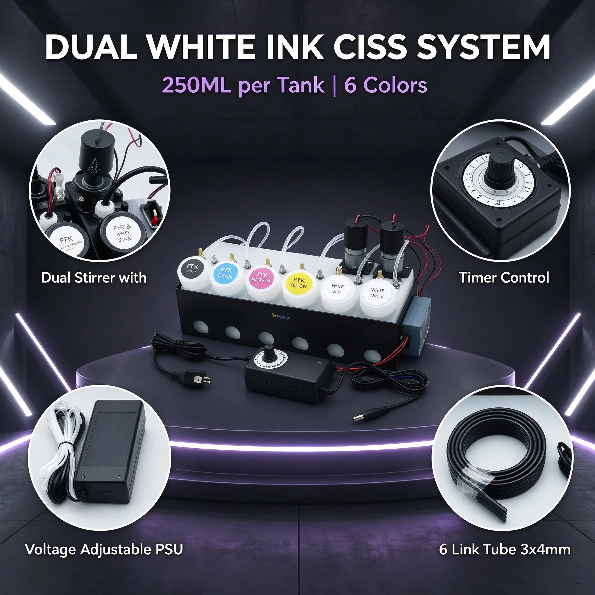 250ML DTF CISS Dual White Ink Tank Shake System Convert DIY Kit For Epson L18050 L8050 ET8550 XP15000 L1800 L805 18100 System