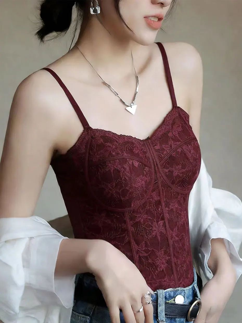 Pure Desire Lace Strap Vest Women's Fur Inner Beauty Back Bra Integrated Chest Pad Base Fishbone Chest Clothes Top