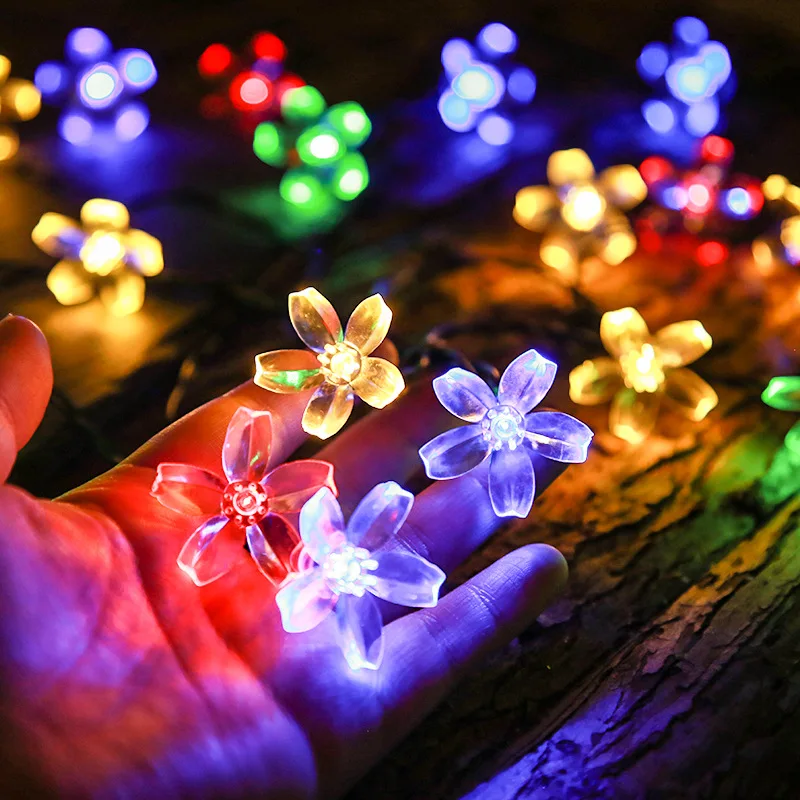 5/7/12M Solar Fairy String Light Sakura Garlands Peach Flower CherryLED Lamp For Wedding Party Garden Christmas Outdoor Decor