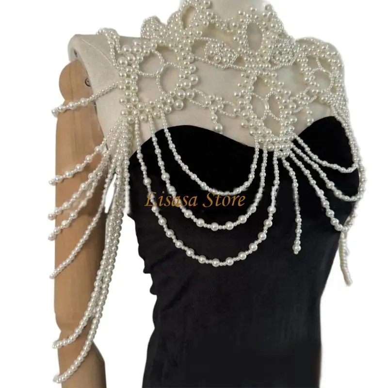

M6CC Fashionable Multi Layer Pearls Necklace Stylish Beads Shoulder Wrap Shawl Chest Jewelry for Women Daily Outfit or Event