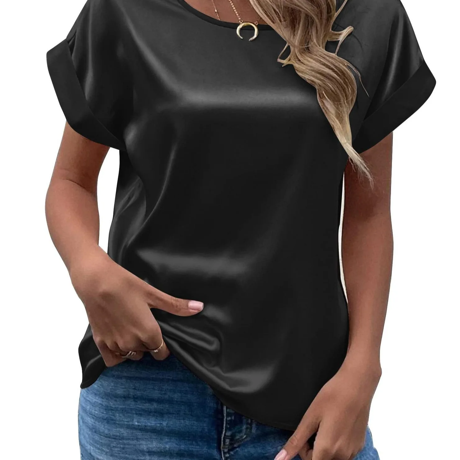 

2026 Cross-Border Amazon Spring Summer New Women's Short Sleeve Shirt Loose Casual Round Neck Satin T-Shirt For Women