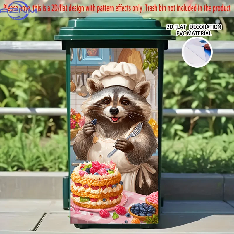 [2D Flat Printing] 1pc 2D Pattern Printing Kitchen Trash Can Sticker X Cm Raccoon Chef Tasting Fresh Theme Kitchen Home Decora