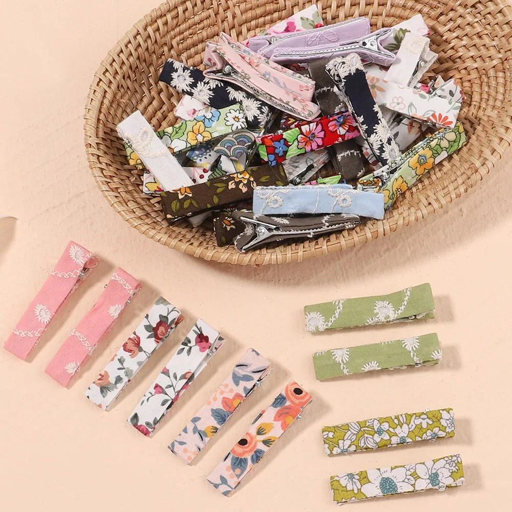 10Pcs/Lot Girls Cotton Flower Printed Duckbill Clips for Baby Kids Cute Vintage Hairpins Barrettes Hair Accessories Wholesale