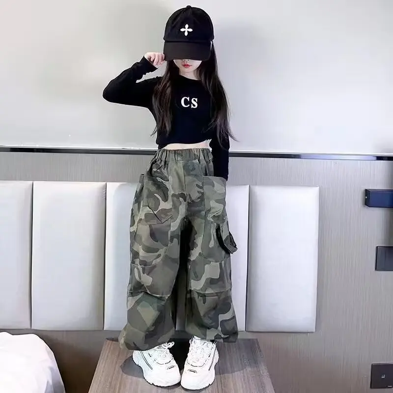 Teenager Girls' Cargo Pants Set  Children'sCamouflage Trousers Suit  Pockets Pants Spring & Autumn  Loose 5 8 10 12 14 Years Old