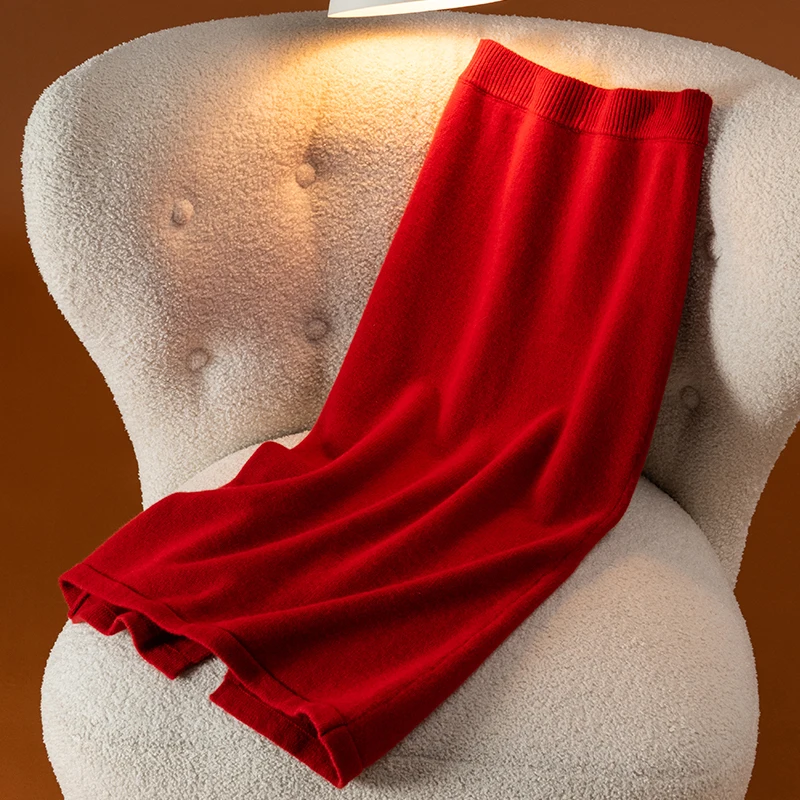 100% Pure Wool Skirt For Women's Medium Long Knitted High Waist Slim A-line Simple Elegant Versatile Cashmere Back Slit Skirt