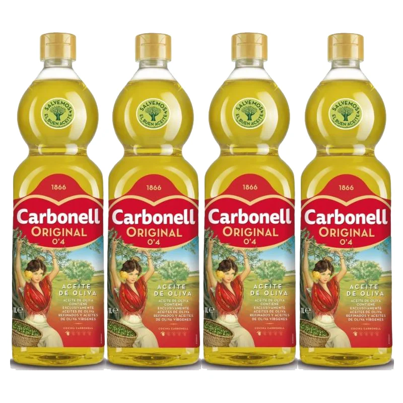 Carbonell® Aecite De Oliva Original 0'4º 1L, Pack de 4 Botellas, El aceite versátil, que acompaña los platos del día a día. Respeta el auténtico sabor de los platos,especialmente recomendado para su uso en caliente