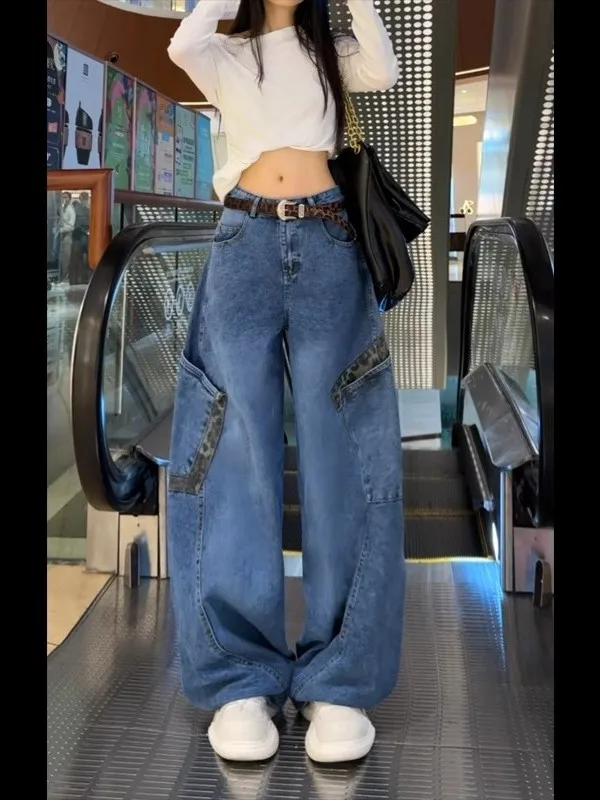 

High Waist Wide Leg Leopard Print Patchwork Denim Pants Spring Collection Loose Fit Slimming Large Pockets Casual Jeans