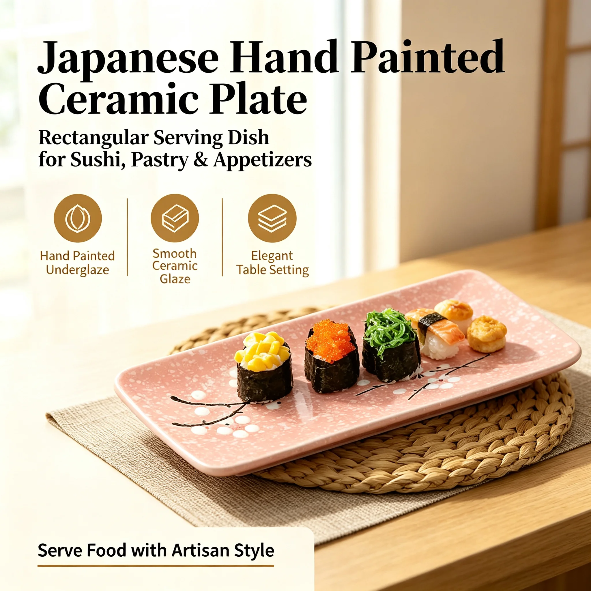 Japanese Hand Painted Underglaze Ceramic Rectangular Sushi Pastry Plate Restaurant Food Serving Tableware Gift