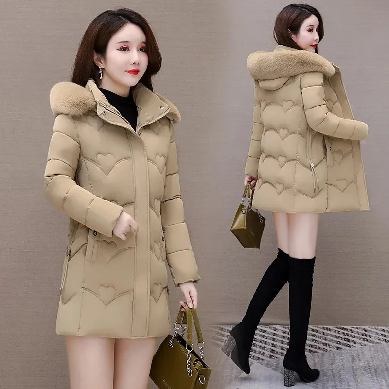 2025 เสื้อแจ็คเก็ตสตรีฤดูหนาวใหม่ Parkas Faux Fur Collar Hooded Jacket หญิงลงเสื้อแจ็คเก็ตผ้าฝ้าย Parka Outwear สุภาพสตรี Overcoat