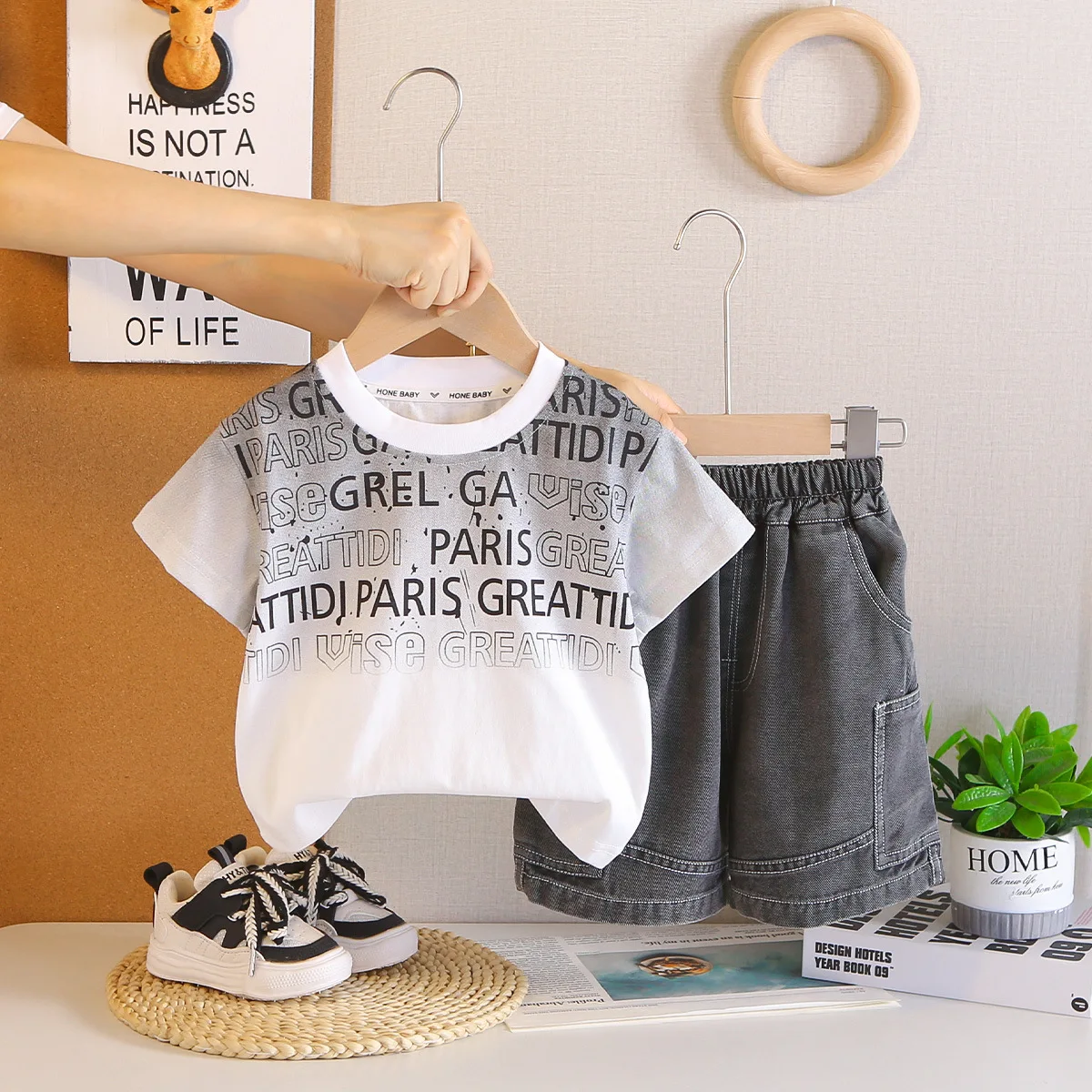 2026 Trendy Toddler Boys 2PCS Set Breathable Gradient Print T-shirt and Soft Denim Shorts Lightweight Summer Outfit for Baby Boy