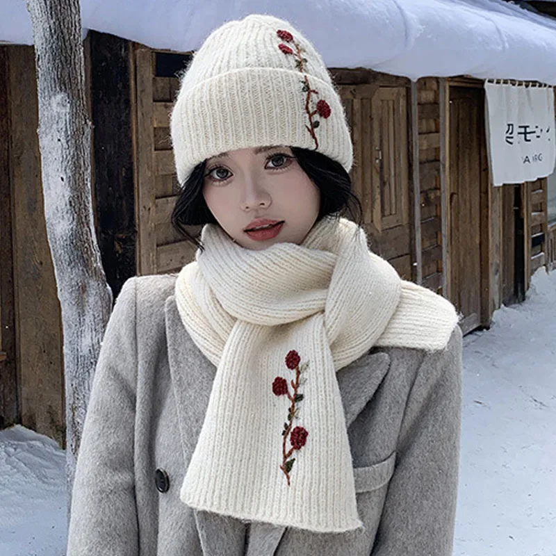 bonnets-et-echarpe-tricotes-a-fleurs-pour-femmes-mignon-et-doux-bonnet-d'hiver-couleur-unie-beige-rose-bleu-vert-ensemble-skullies-d'hiver