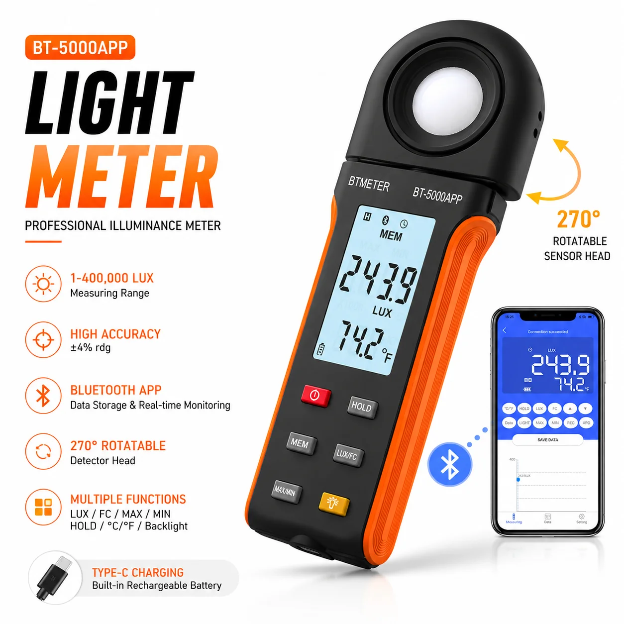 HoldPeak5000A Digital Lux Meter 0.1-400kLux Handheld with APP, Temp&Backlight, Data Hold MAX/MIN, 270°Rotatable for Plant Lab