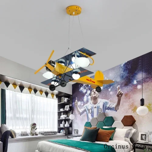 Cartoon Creative Color Fighter Boys'Bedroom Children's Room Light Modern Simple LED Iron Aircraft Hanging Light