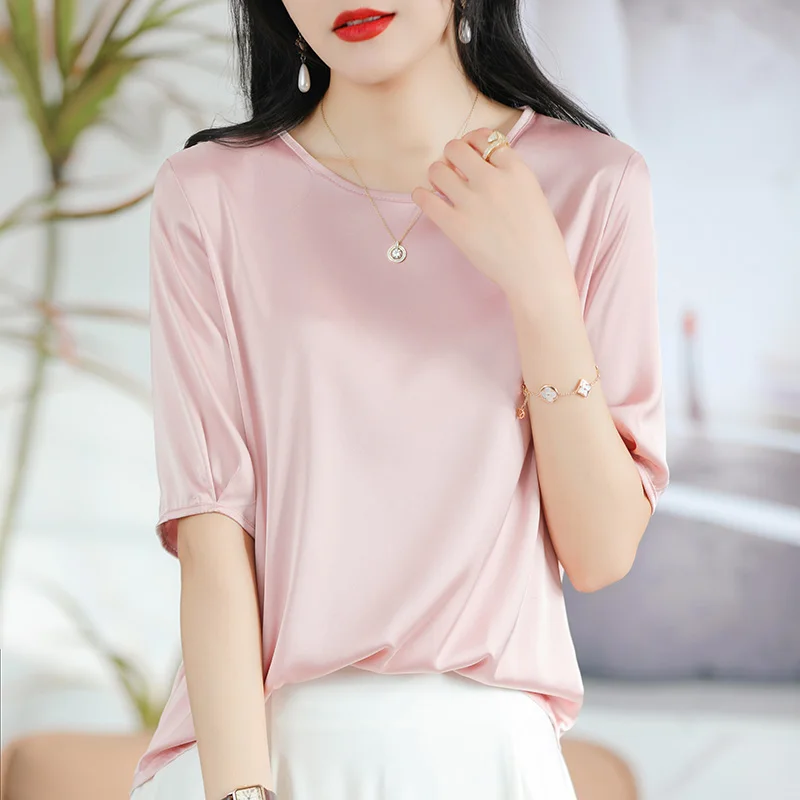 

2023 Summer New Silk Smooth Silk Satin Silk Short Sleeve Design Feel Loose Fashion Round Neck Solid Color T-shirt Women's Top