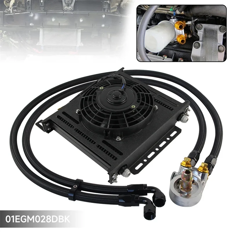 7'' Electric Fan +34 Row Oil Cooler 80 °C Thermostat Adapter 3/4x16UNF and M20x1.5 +Transmission Engine Universal Black/Silver