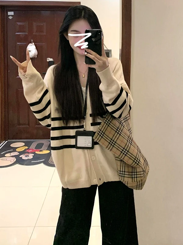 

American Retro College Sle Striped Knitwear Coat Women's Autumn Winter Faion Unique Loose Sweater Open Cardigan