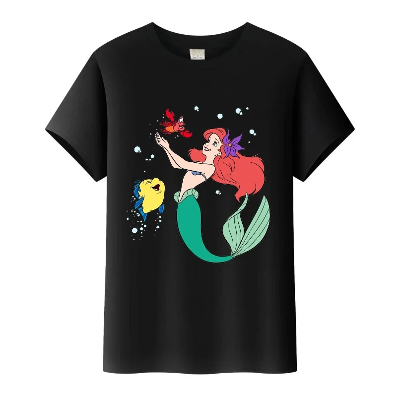 

Kawaii Disney The Little Mermaid Princess Woman Tshirt Black Girl Hip Hop Loose Tees Kids O-Neck Tops Y2k Blouses Family T-Shirt