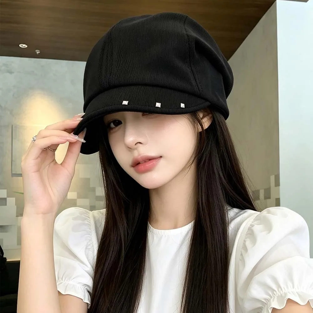 Rivet Ornament Slouchy Beret Solid Color Face Framing Short Brim Hat Elastic Band Warm Lining Studded Beanie Chilly Days