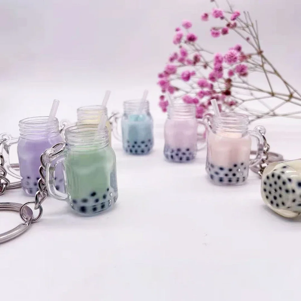 Funny Mini Bubble Tea Simulation Pearl Keychain Cartoon Acrylic Small Boba Milk Tea Cup Straw Key Ring Cute Bag Car Key Holder