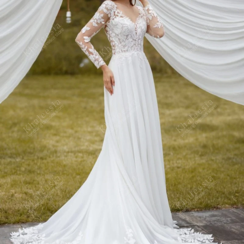 

Gorgeous Wedding Dresses A Line Chiffon Bridal Gowns Lace Appliques Full Sleeves Robes Pretty Vestidos De Novia Customized 2025