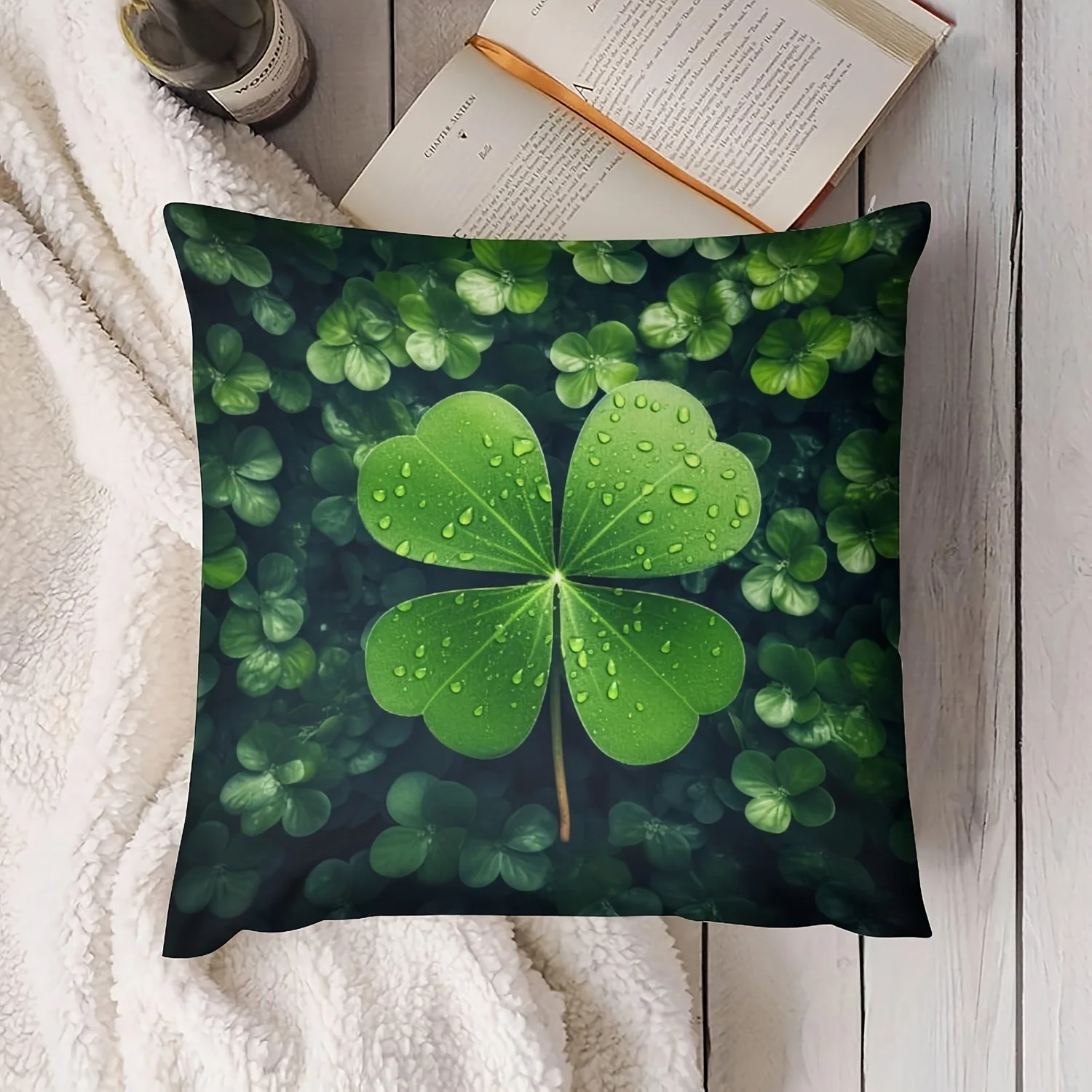 Lucky Four Leaf Clover Double-Sided Pillowcase, Green Floral Pattern Cushion Cover with Zipper, Washable Decor Case for Sofa