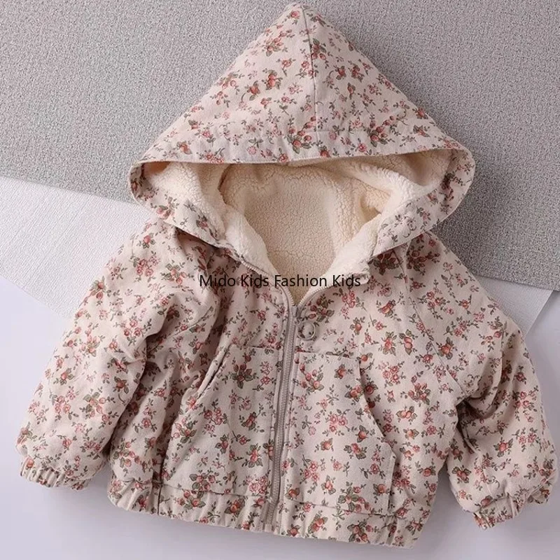

Floral Hooded Jacket for Girls Warm Fleece Lined Thick Winter Coat Korean Style Kids Outerwear 80-120cm