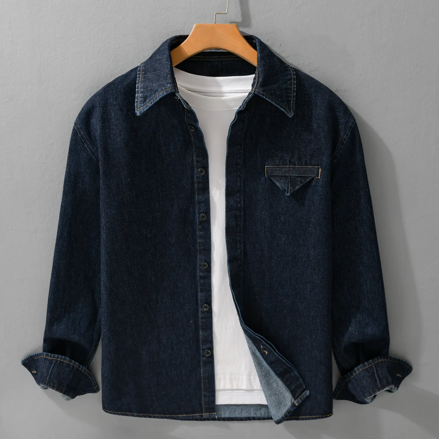 

Japanese Style Loose Fit Long Sleeve Denim Shirt Men's Casual Versatile Artistic Loose Top Heavyweight Cotton Pure Color