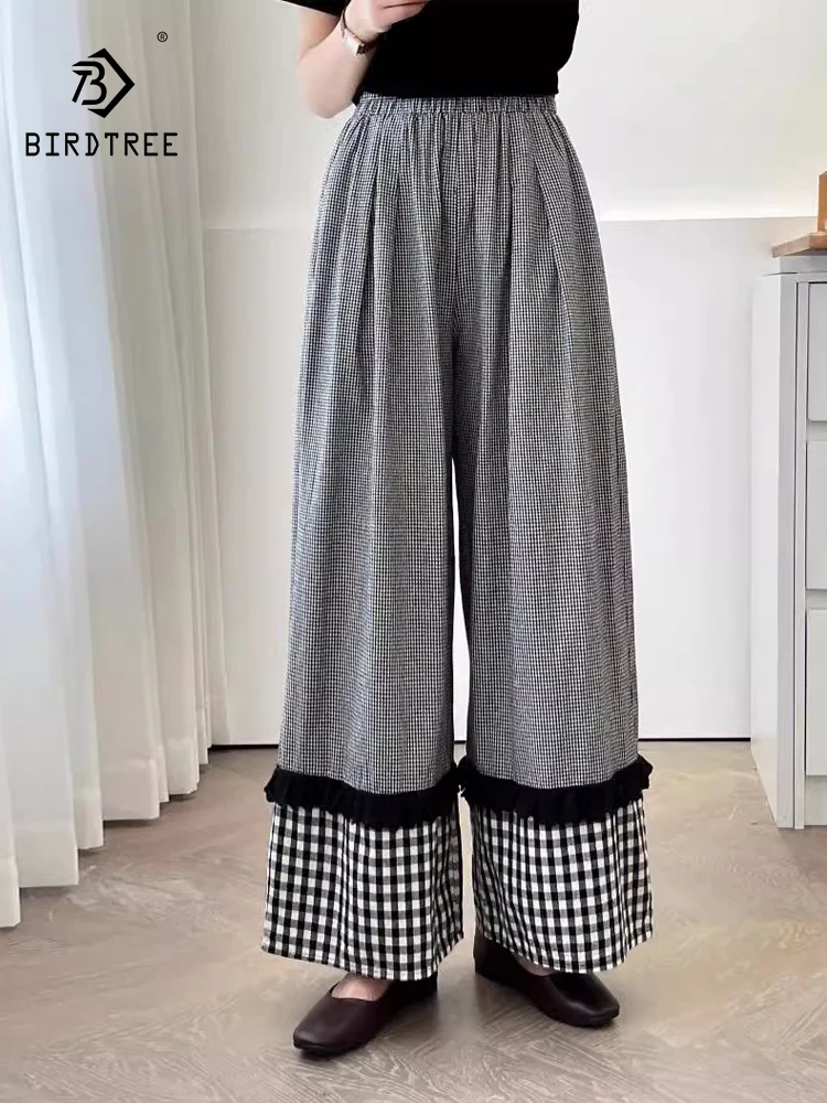 

Новинка 2026, весенние хлопковые широкие брюки, женские клетчатые брюки с эластичной резинкой на талии и оборками в стиле пэчворк, французские винтажные брюки Mori Girl B5D723CC