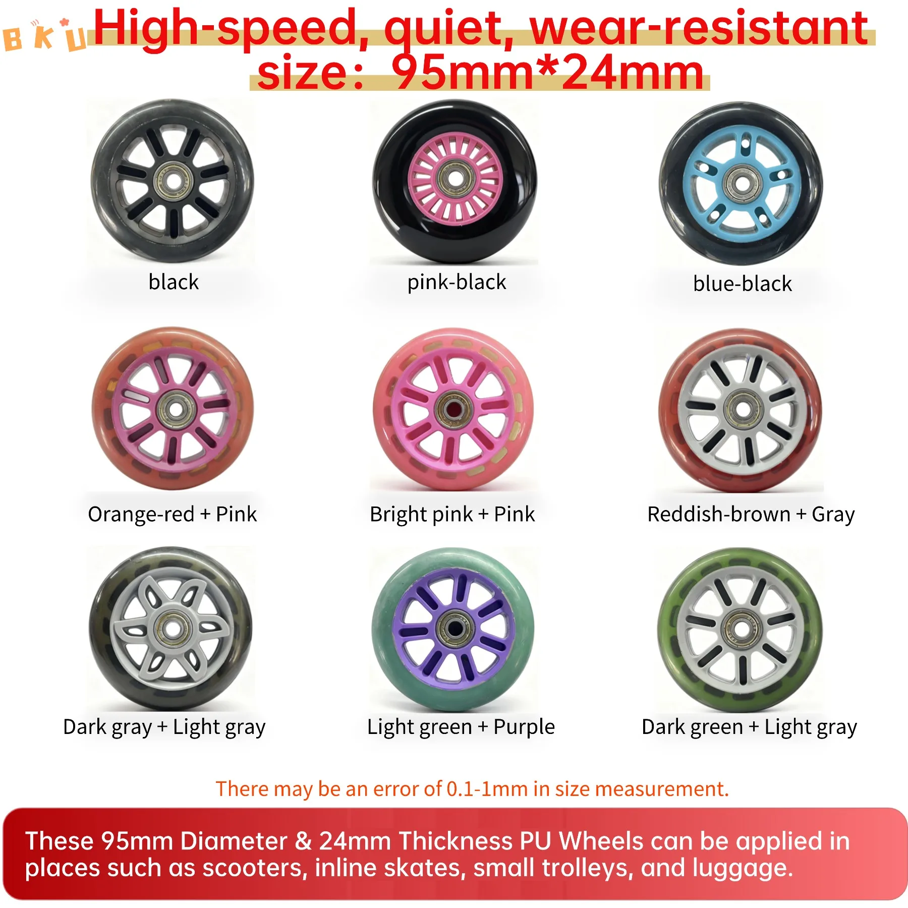 95mm PU Wheels 2-Pack with Bearings - Universal for Inline Skates, Kick Scooters & Strollers