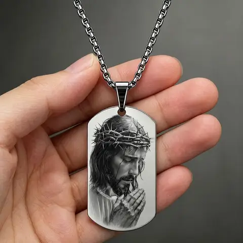 Stainless Steel Thorn Crown Faith Hope Peace Dog Tag Necklace Faith Prayer Pendant Clavicle Chain Jewelry Gift for Friends