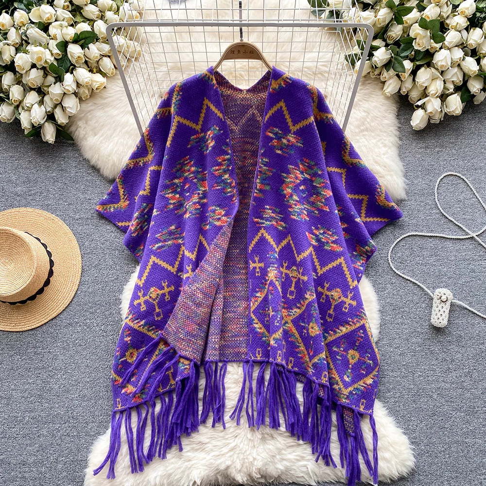 Croysier Shawl Cardigans For Women 2023 Bohemian Ethnic Vintage Jacquard Knit Cardigan Fringed Hem Loose Long Cape Sweater Coat