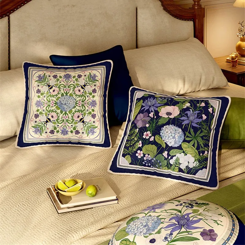 Decorative Square Pillowcases, Designer Throw Pillow Covers, Green Farmhouse Dreamy Velvet, Blue Floral Pattern, 18x18 Inch