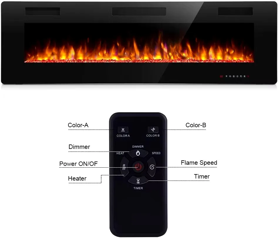 60 Inch Electric Fireplace in-Wall Recessed and Wall Mounted, Multicolor Flame,750/1500W Control by Touch Panel & Remote