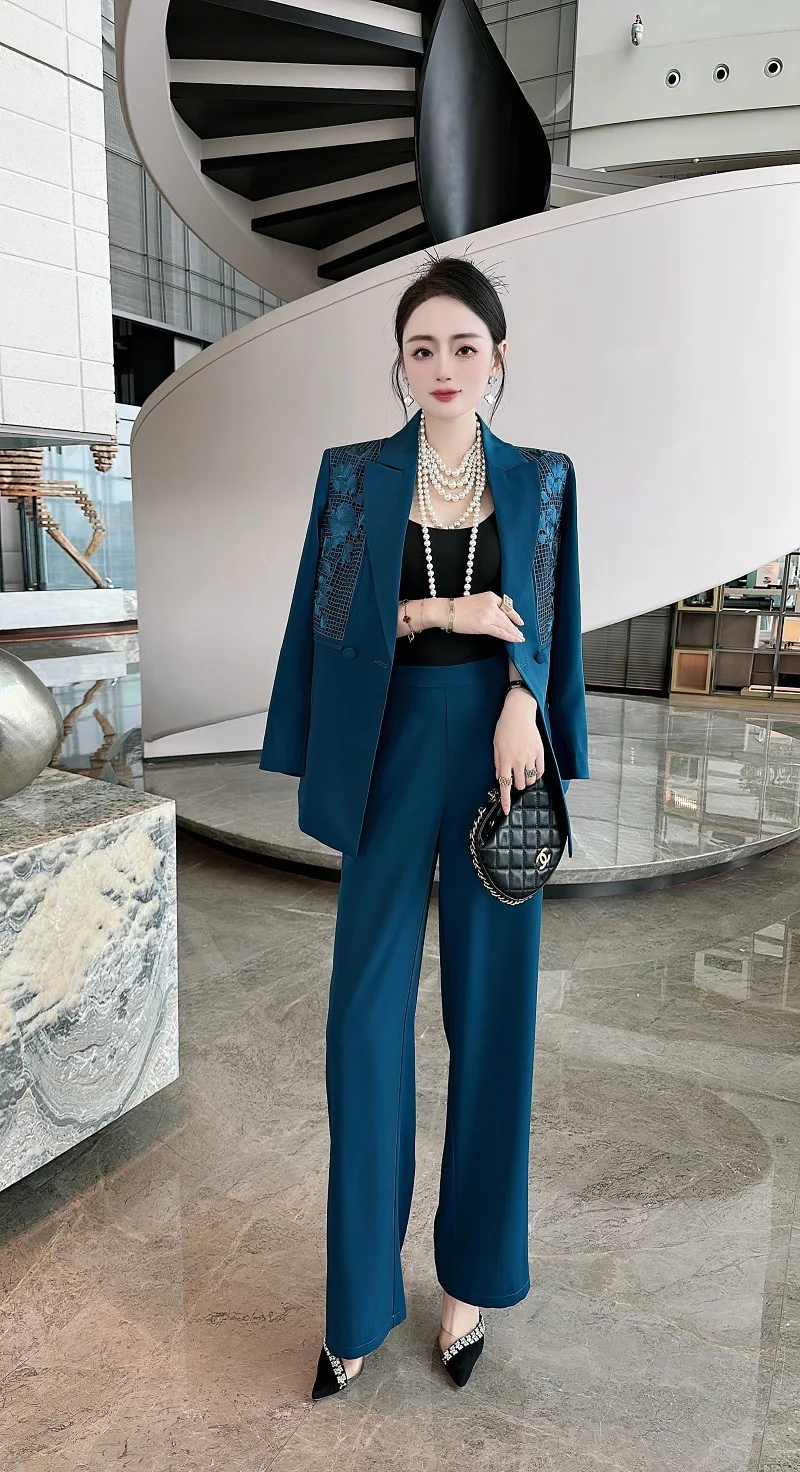 High-end Women Floral Women Set Vintage Embroidery Coat Top + Blue/Purple Trousers Elegant Lady Casual Suit Set S-XXL image 6