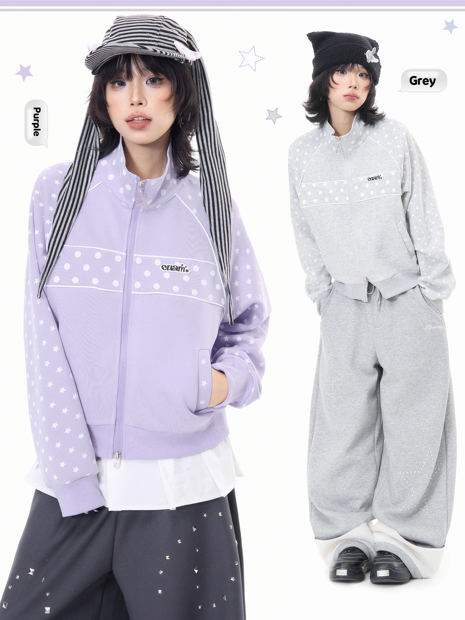 

MKGO Korean Polka Dot Splice oulder Sve Loose Casual ort Cardigan Women's Spring Versatile Warm Zipper Decorated Top