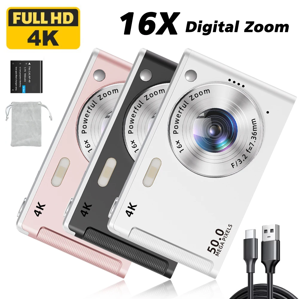 

4K Digital Camera Travel Selfie Camera 50MP HD Pixel 16X Zoom Photography 2.8 Inch Screen Entry-Level Mini Retro Cam
