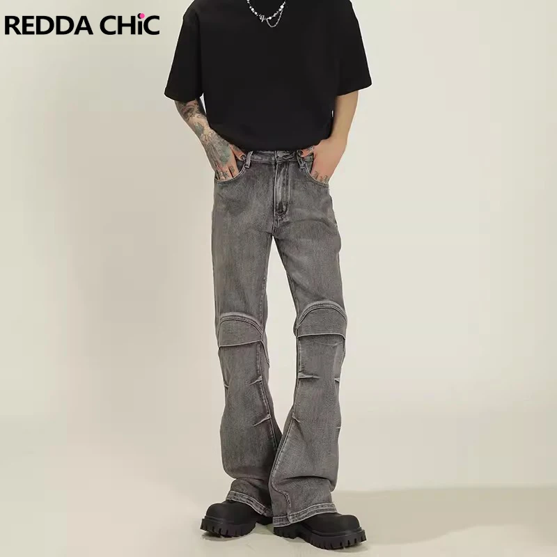 

REDDACHIC Pleated Patchwork Men Flare Jeans Retro Gray Overdye Bell Bottoms Loose Fit Casual Bootcut Pants Grunge Y2k Streetwear