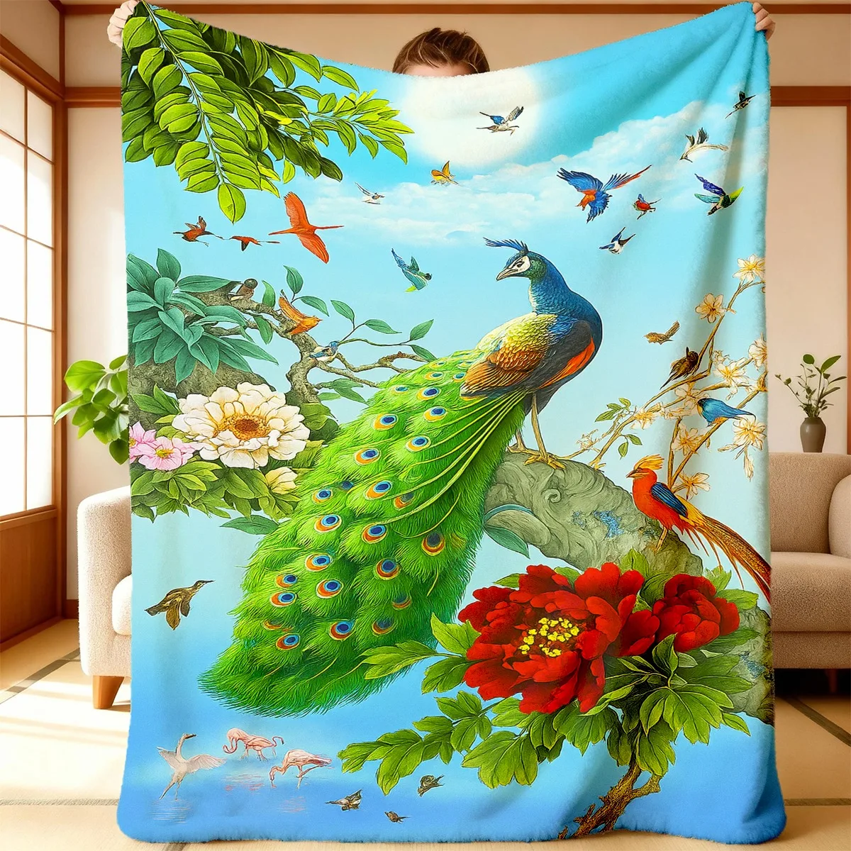 Sky Blue Peony Green Peacock Colorful Bird Flamingo Cloud Flannel Throw Blanket, Soft Sofa Blanket, Chinese Style Decor Gift