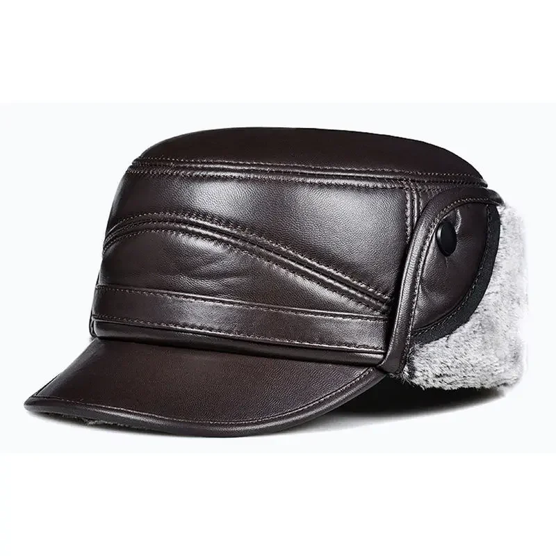 Winter High Quality Genuine Leather Hats Cowhide Keep Warm Earmuffs Bomber Caps Plus Velvet Thicken Man Bone Caps Dad Hat