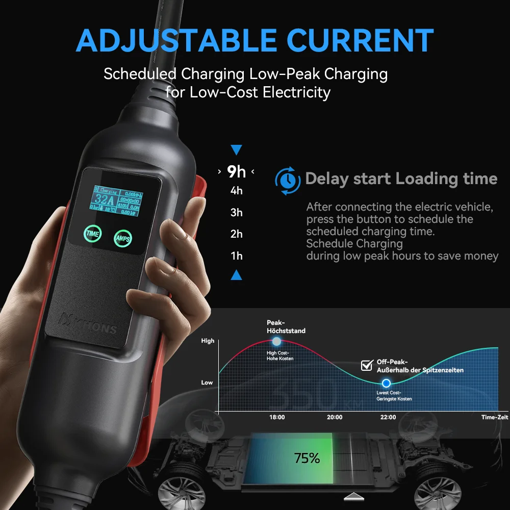 Khons 11KW Type2 Portable EV Charger 16A 3Phase Electric Car Charger Connection Control Electric Vehicle Charger Via APP 5m Cabl