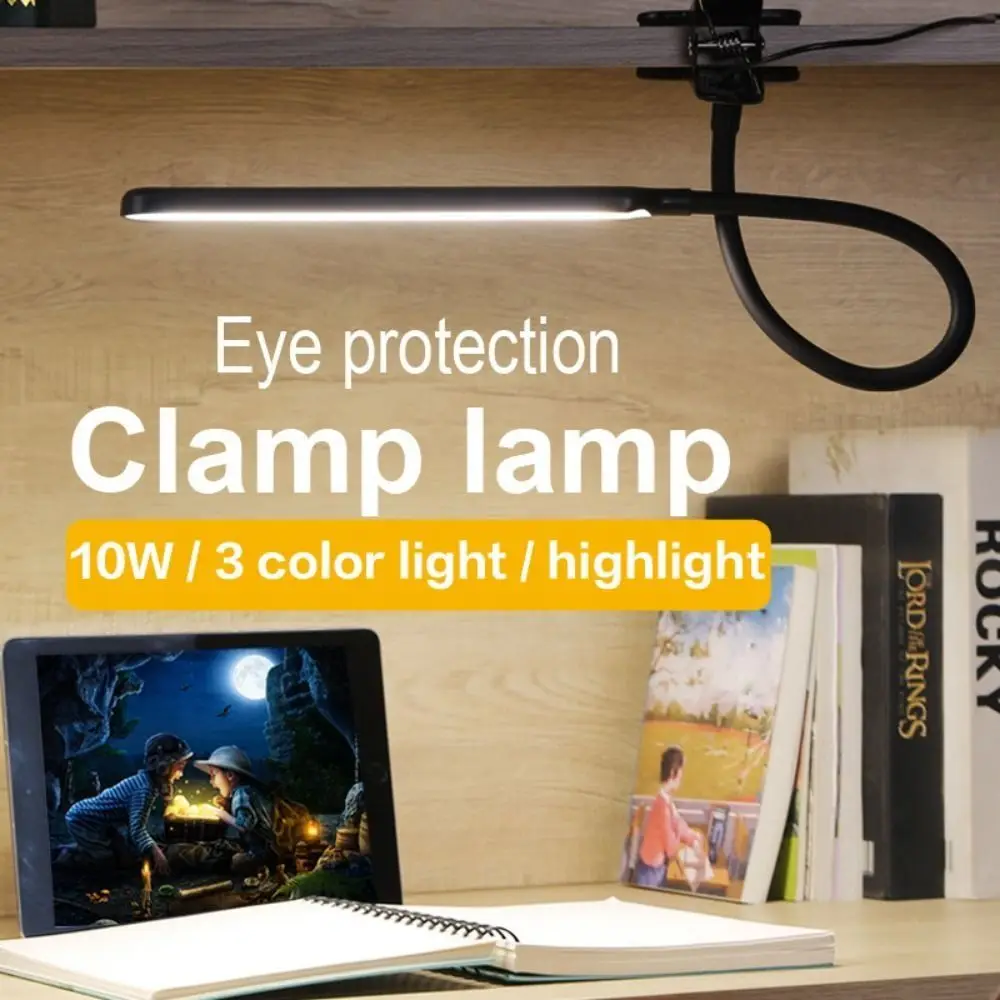 

Регулируемая светодиодная настольная лампа с креплением на стол, 3 цвета света, 360° ° Поворотная лампа для чтения с зажимом, регулируемой яркостью, питанием от USB