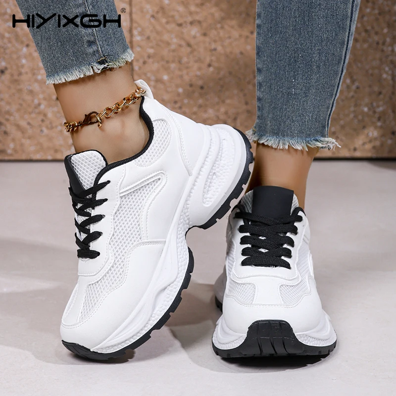 

Breathable Mesh Platform Sneakers Women Mix Color Lace Up Thick Bottom Vulcanized Shoes Woman Non Slip Meah Running Shoes Female