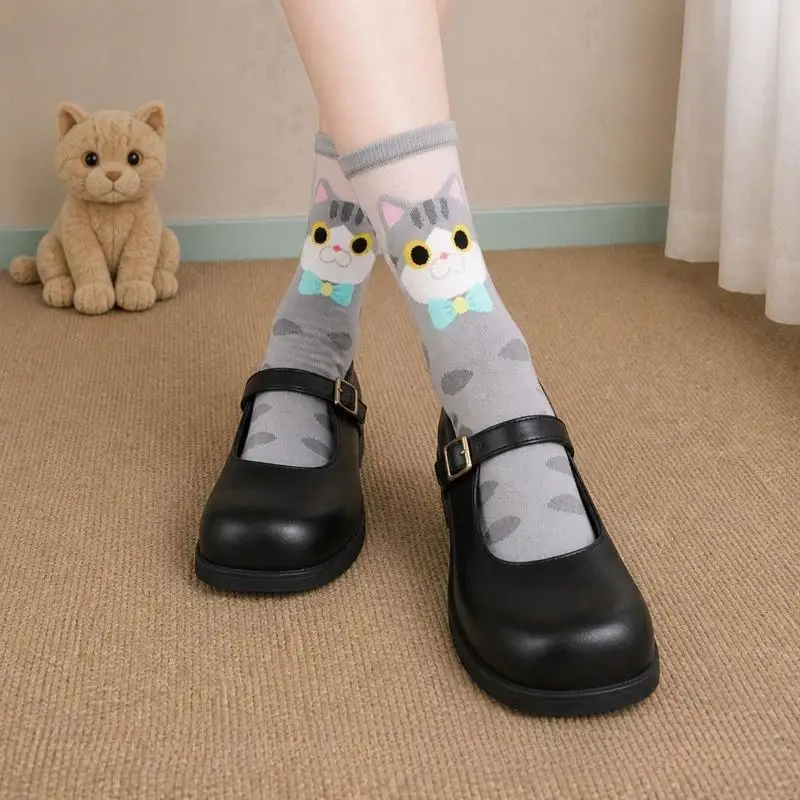 3/5 Pairs Funny Cat Pattern Cute Cartoon Socks Women Trendy Mesh Sheer Splice Mid‑Calf Socks Versatile Daily Students Sock